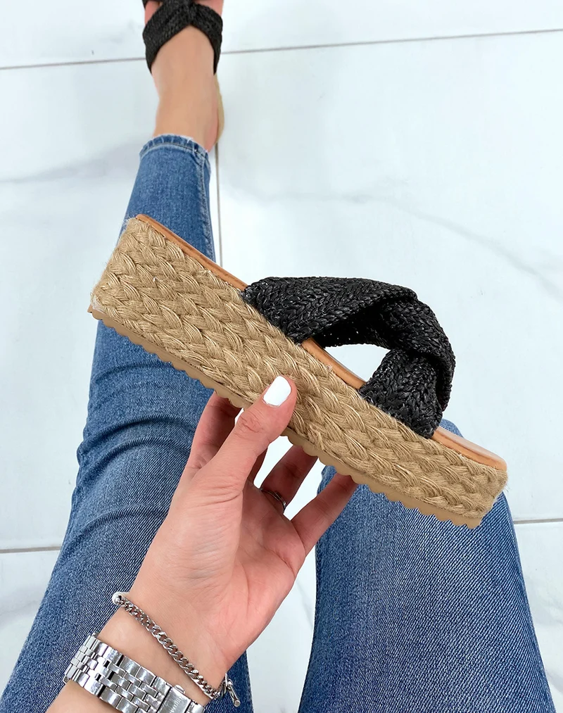Mules à brides croisées en corde noire et semelle épaisse en toile de jute