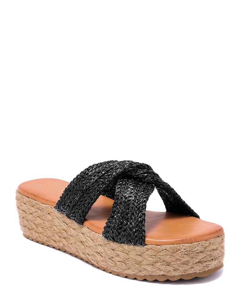 Mules à brides croisées en corde noire et semelle épaisse en toile de jute
