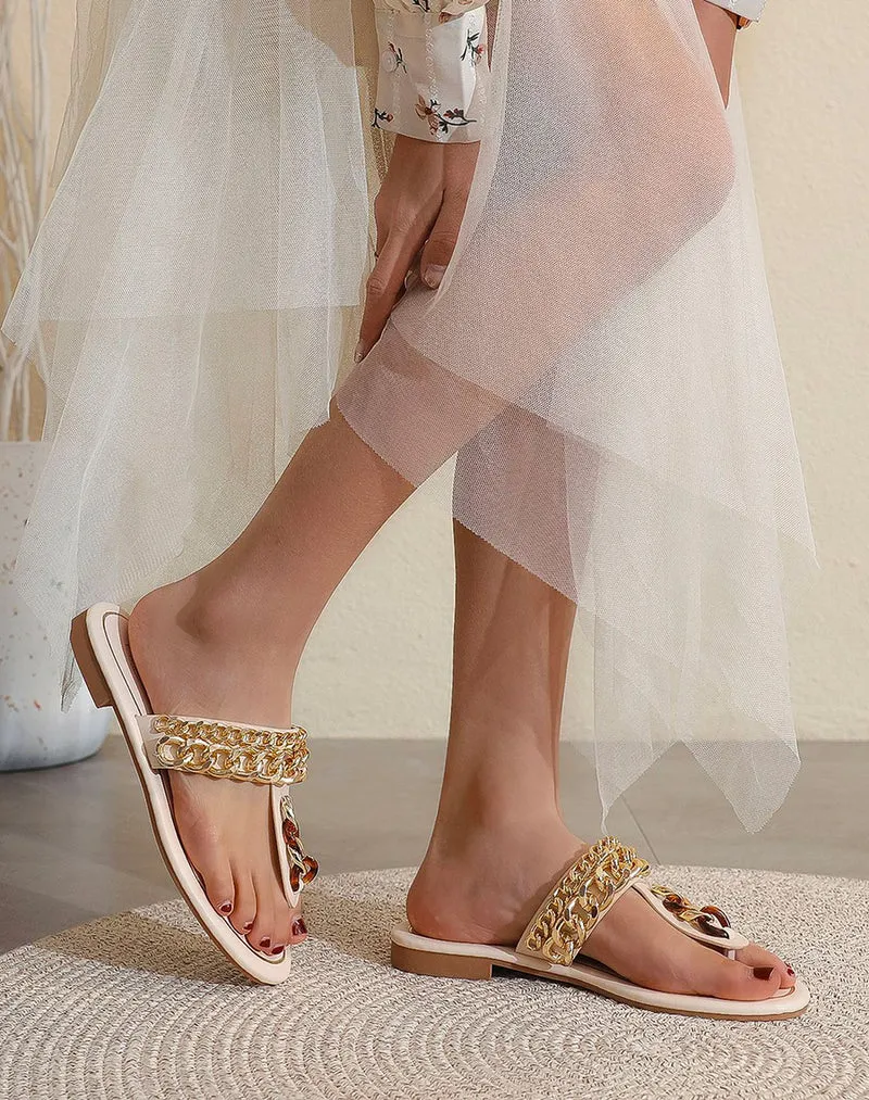 Mules à entredoigt beige avec chaines dorées