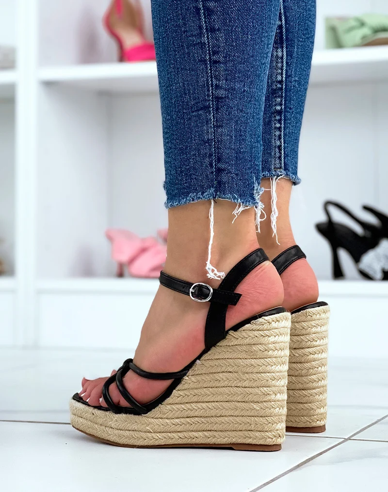 Compensées noires à talon en jute