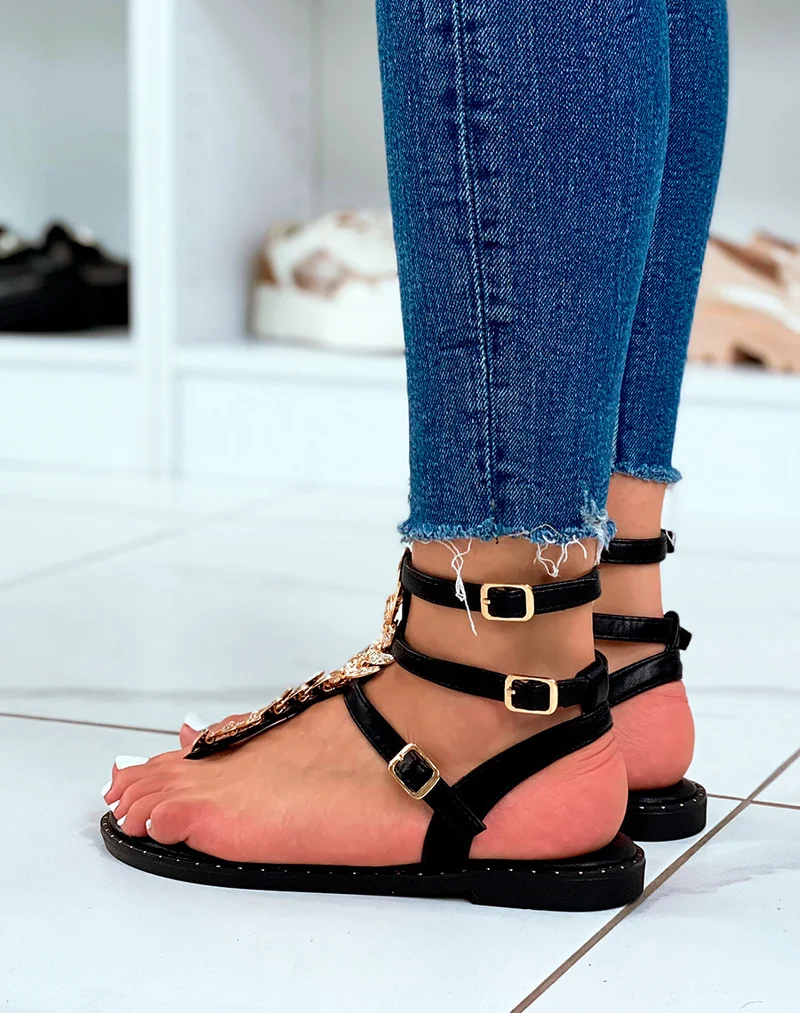 Nu-pieds noirs à bijoux dorés strassés