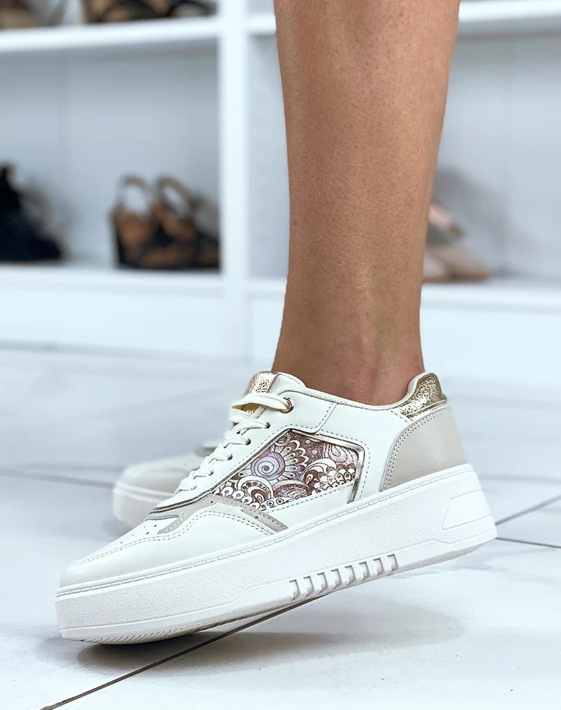 Baskets beige avec empiècement imprimé et taupe