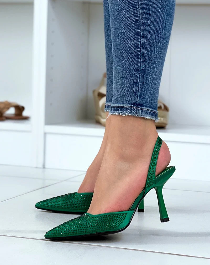 Escarpins ouverts verts à strass