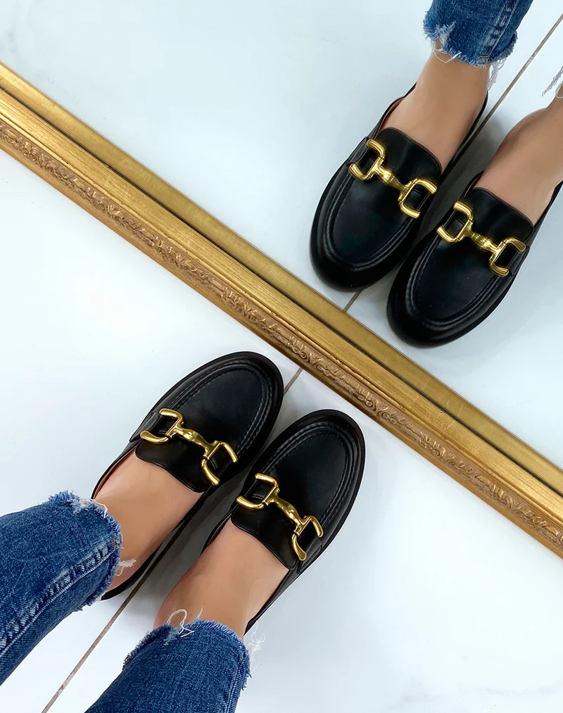 Mules mocassins noires à empiècement doré