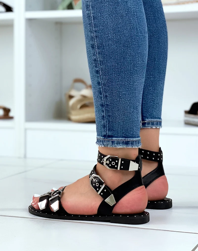 Sandales plates effet simili-cuir noires à boucles