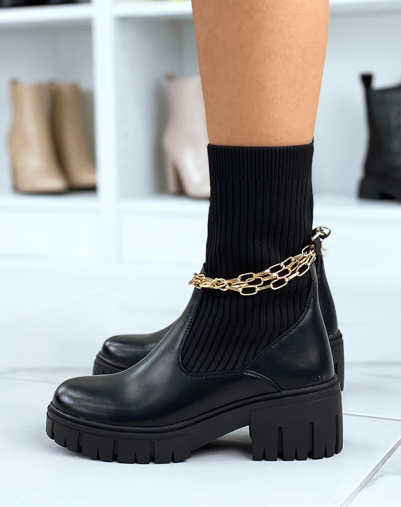 Bottines noires montantes effet chaussette à fines chaines dorées