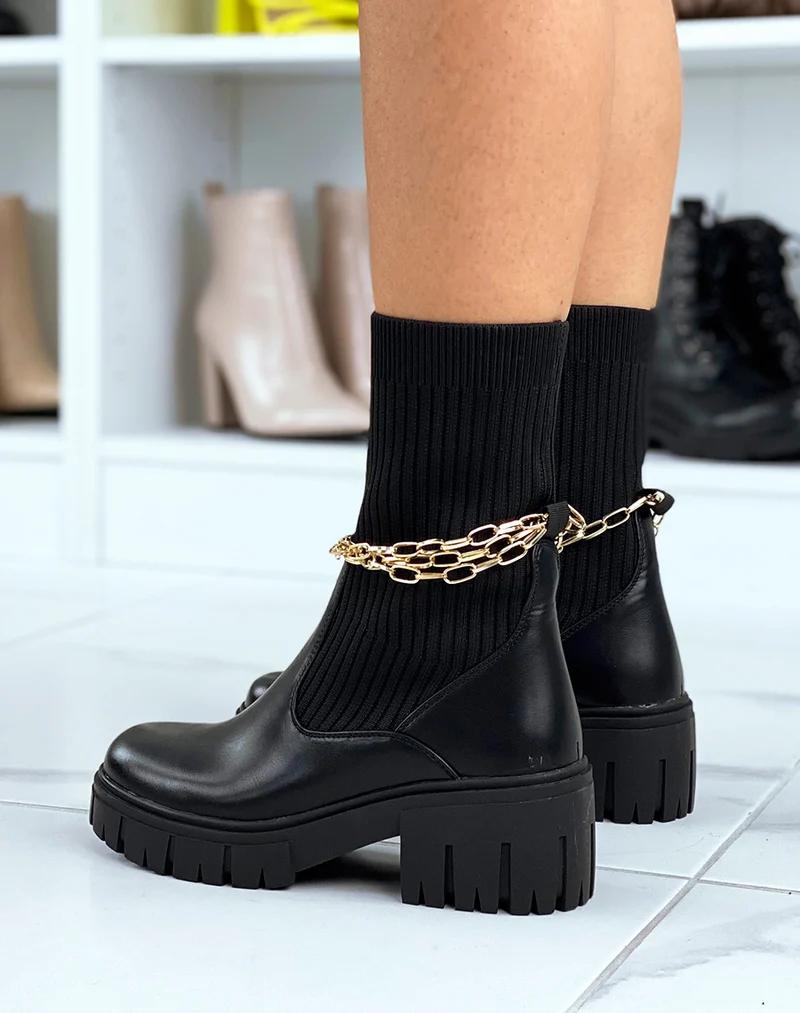 Bottines noires montantes effet chaussette à fines chaines dorées