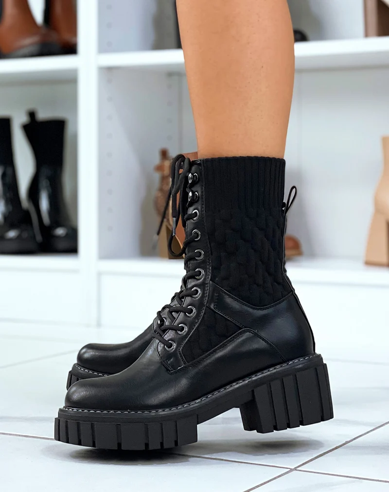 Bottines montantes noires bi-matière à semelle talonnée et crantée
