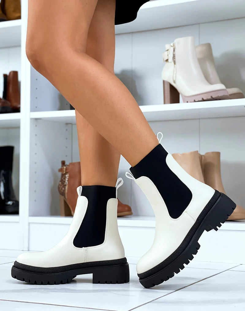 Bottines crème style chelsea à élastique montant