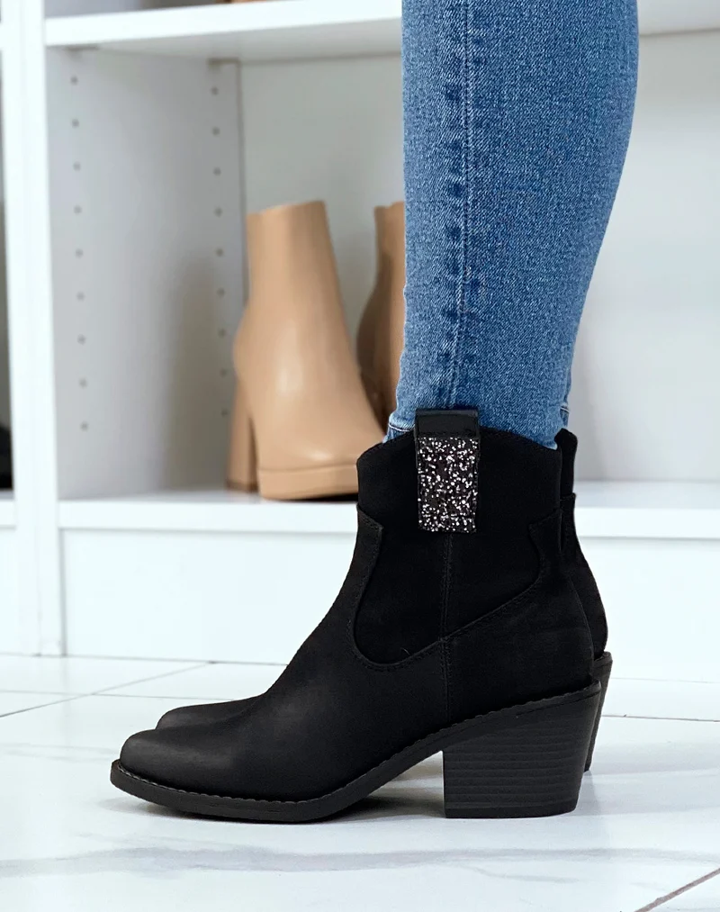 Santiags noires à talon et détail à paillettes