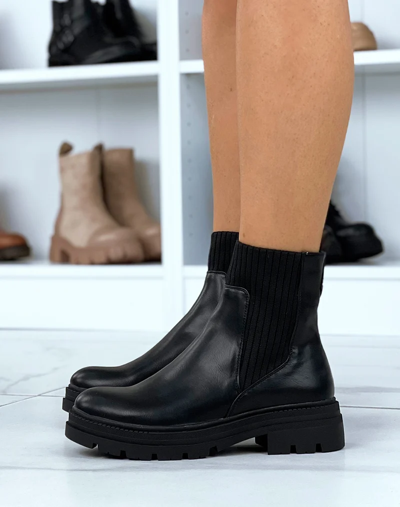 Bottines noires bi-matière effet chaussette talonnées