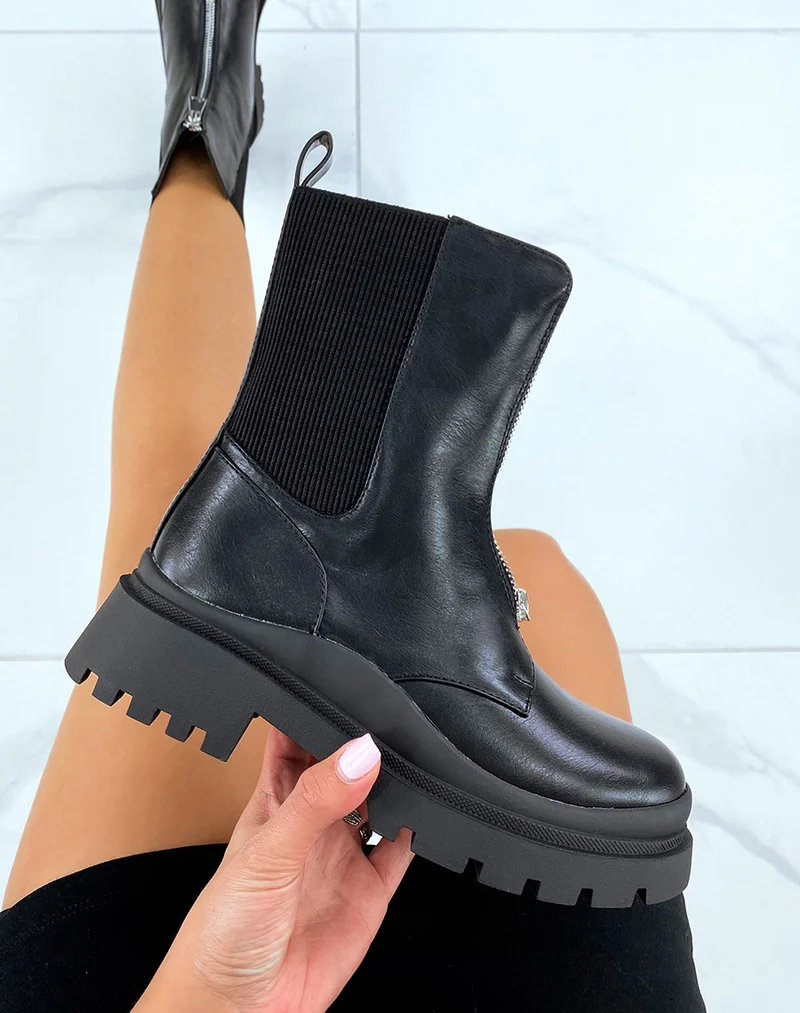 Bottines montantes noires à zip et élastiques