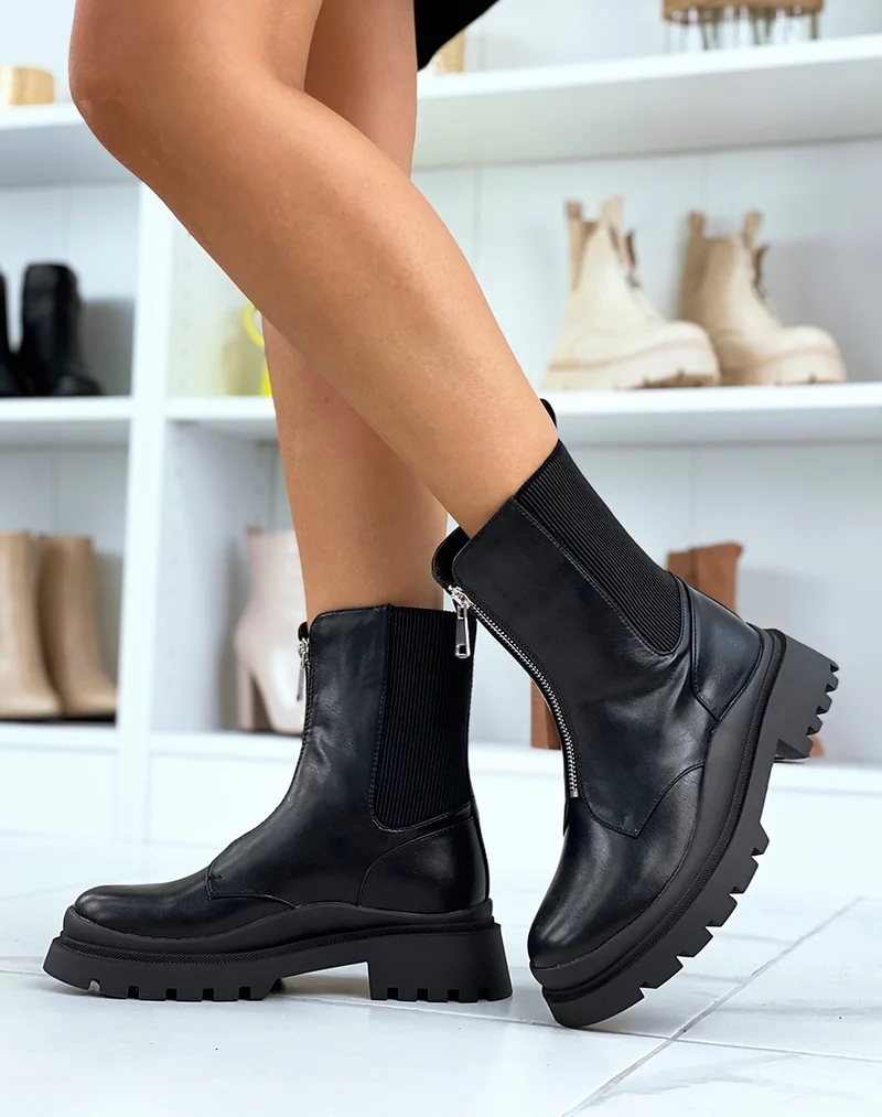 Bottines montantes noires à zip et élastiques