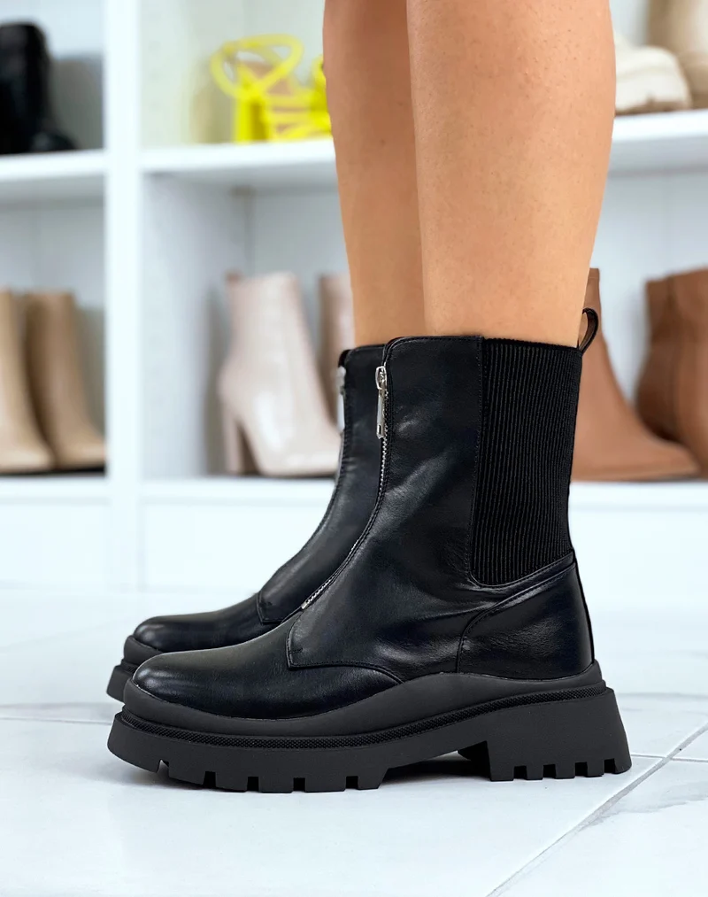 Bottines montantes noires à zip et élastiques
