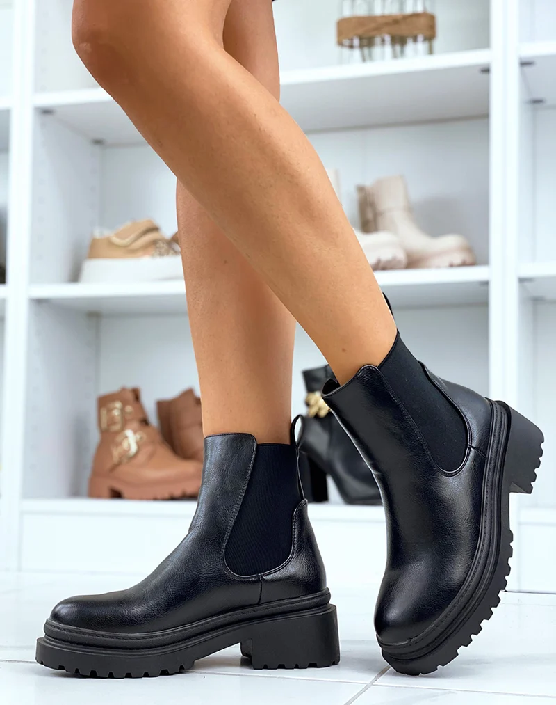 Bottines noires à élastique et semelle talonnée