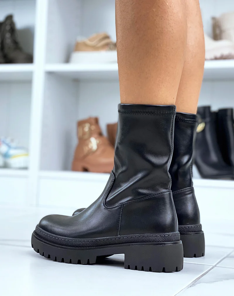 Bottines noires effet chaussette en similicuir