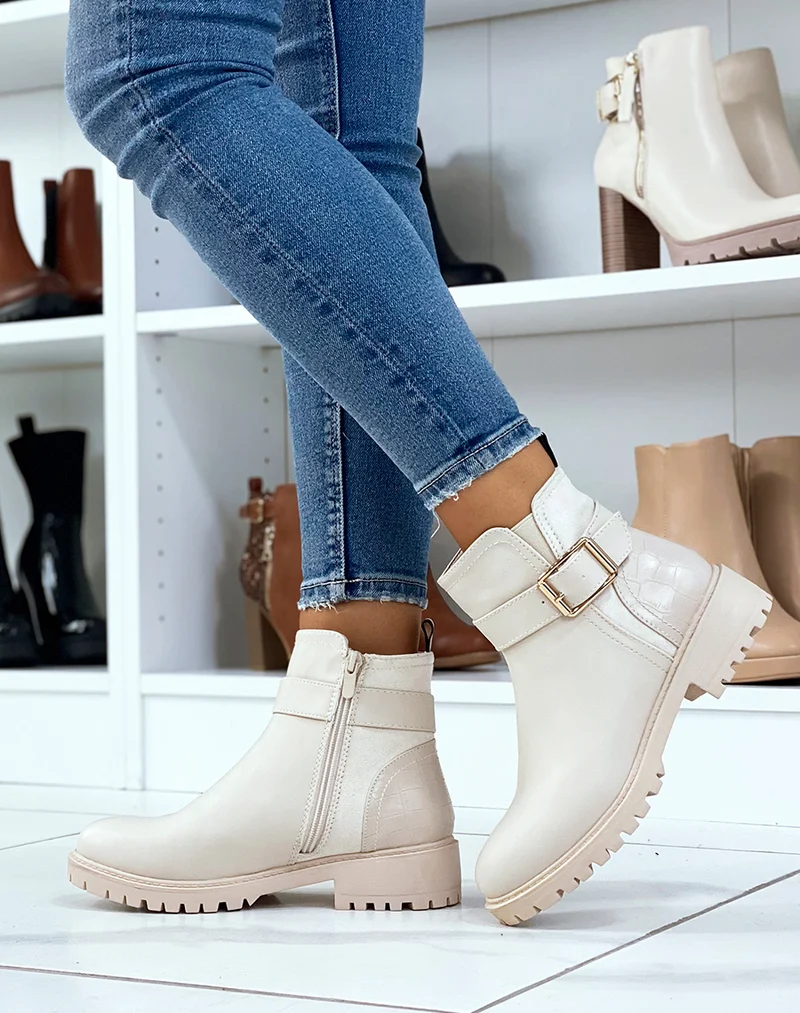 Bottines beiges avec élastique échancré et effet croco