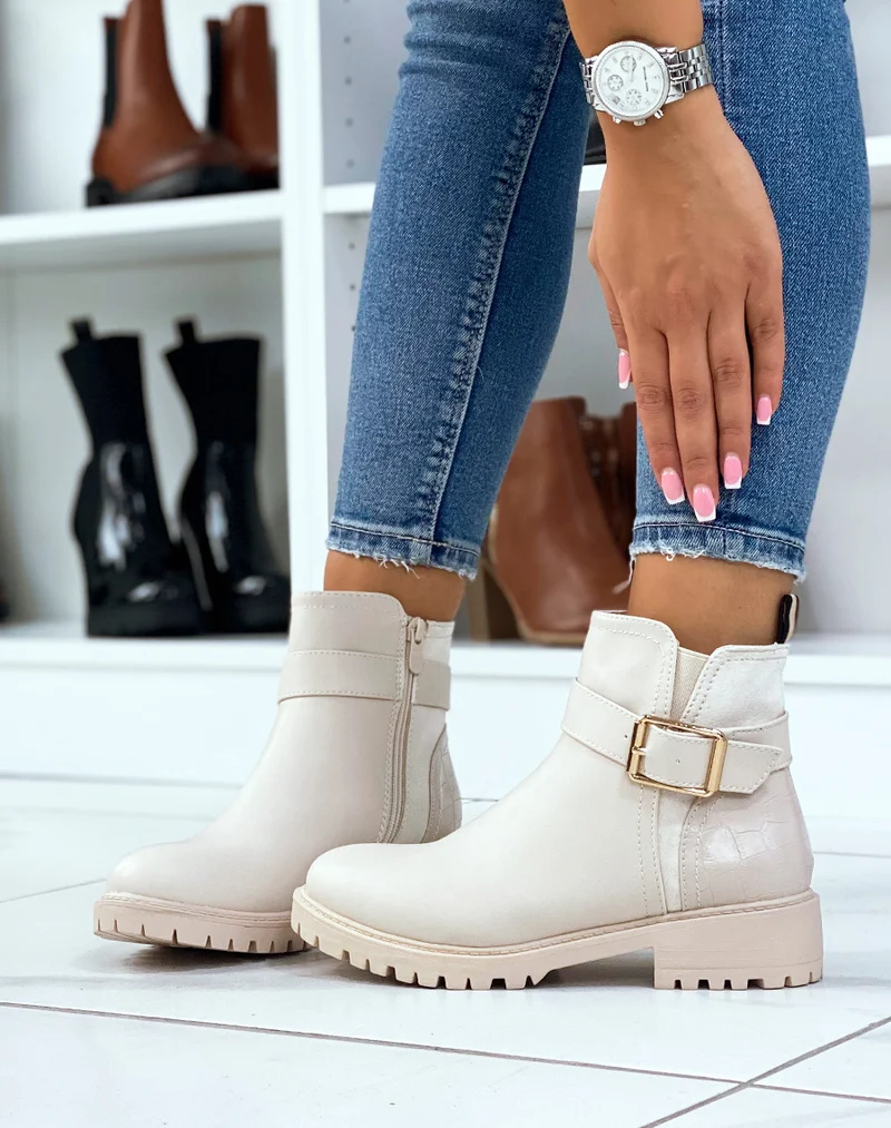 Bottines beiges avec élastique échancré et effet croco