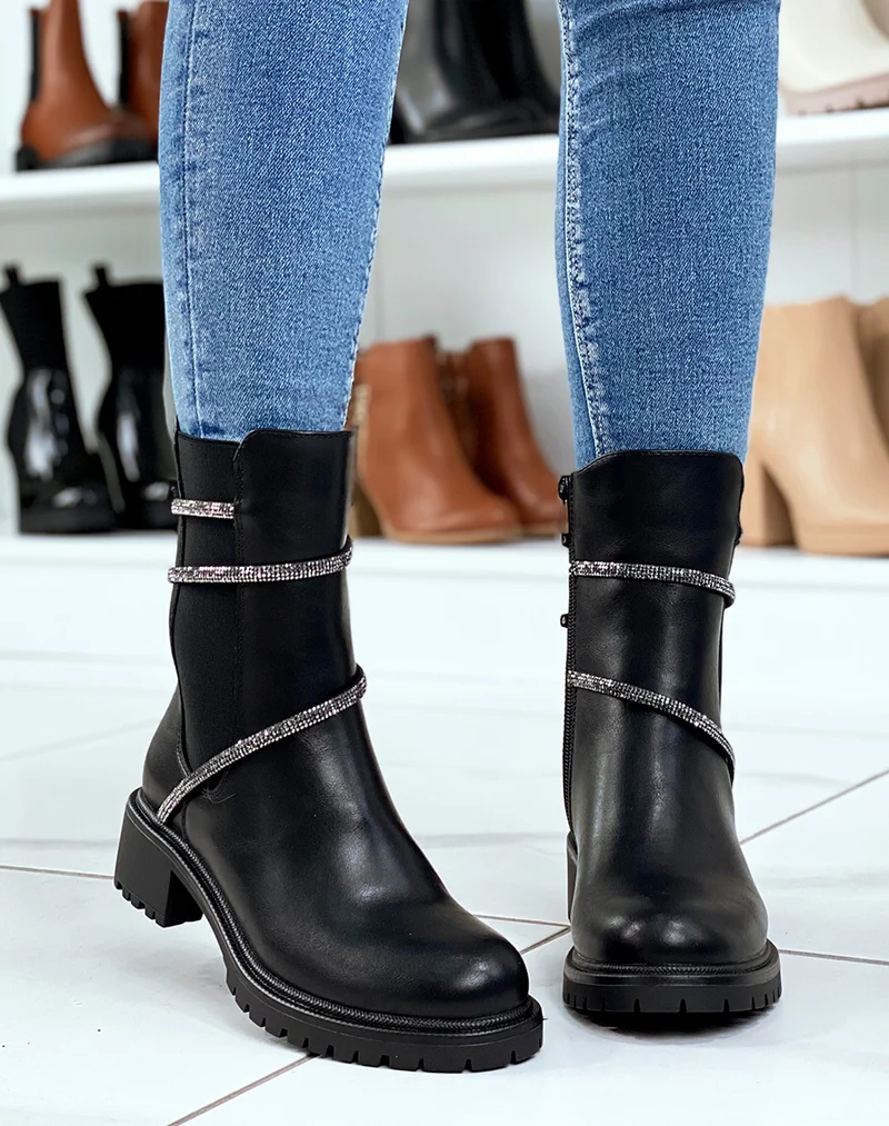 Chelsea boots noires à liseré à strass