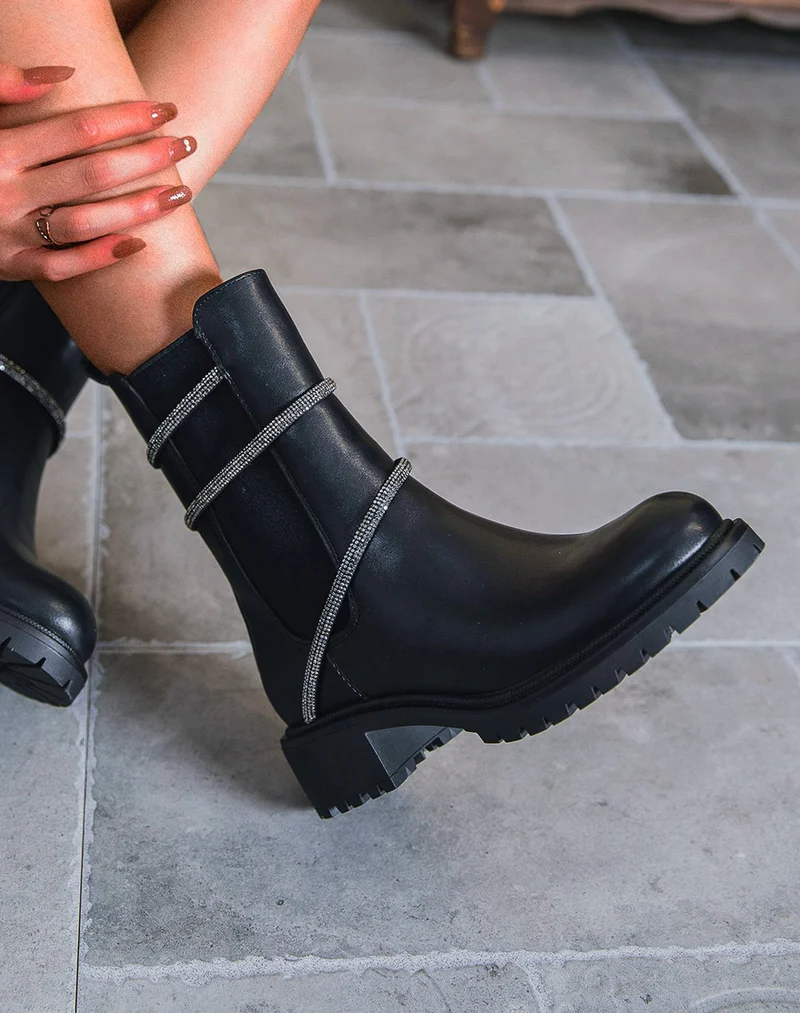 Chelsea boots noires à liseré à strass