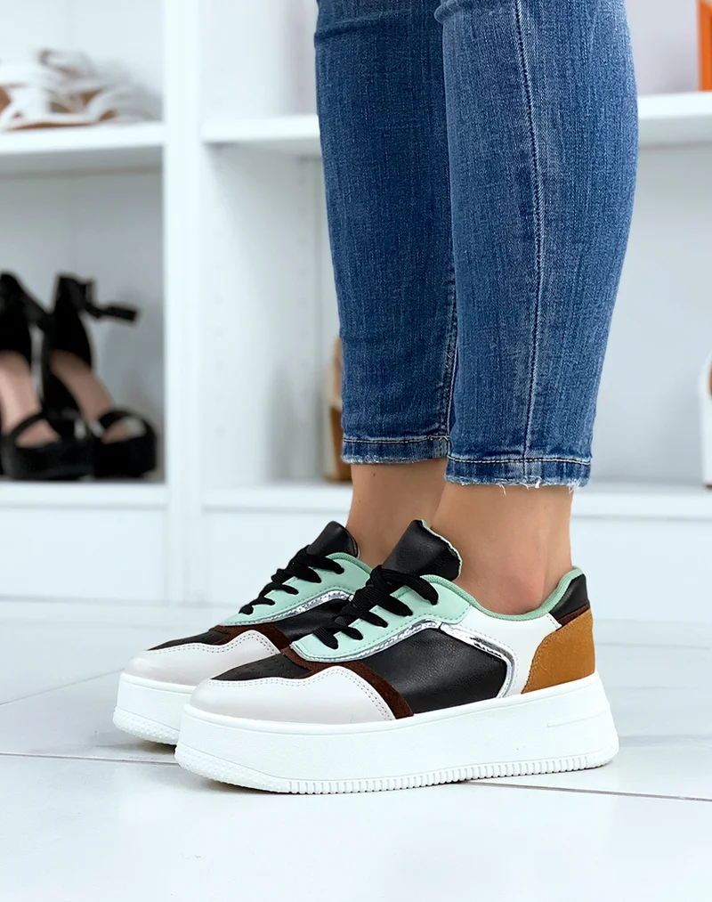 Baskets noires beiges vert d?eau et camel