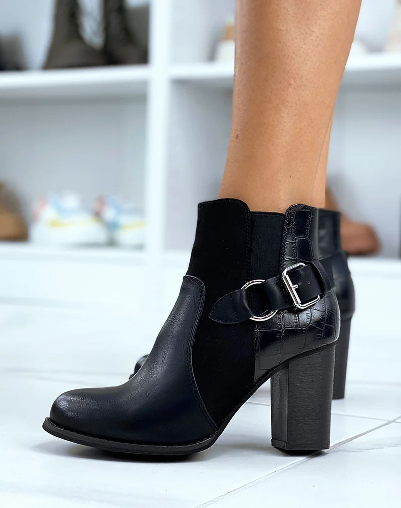 Bottines à talon noires bi-matières