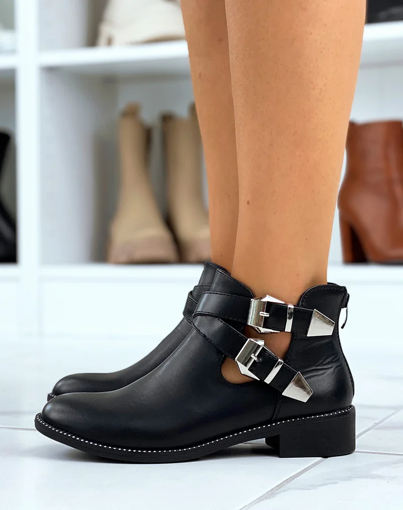 Bottines noires ajourées à sangles entrelacées