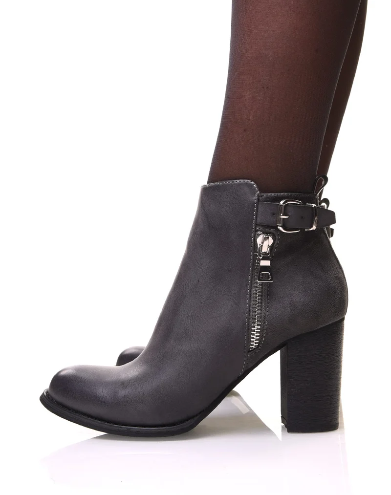 Bottines à talons grises bi matières avec sangle