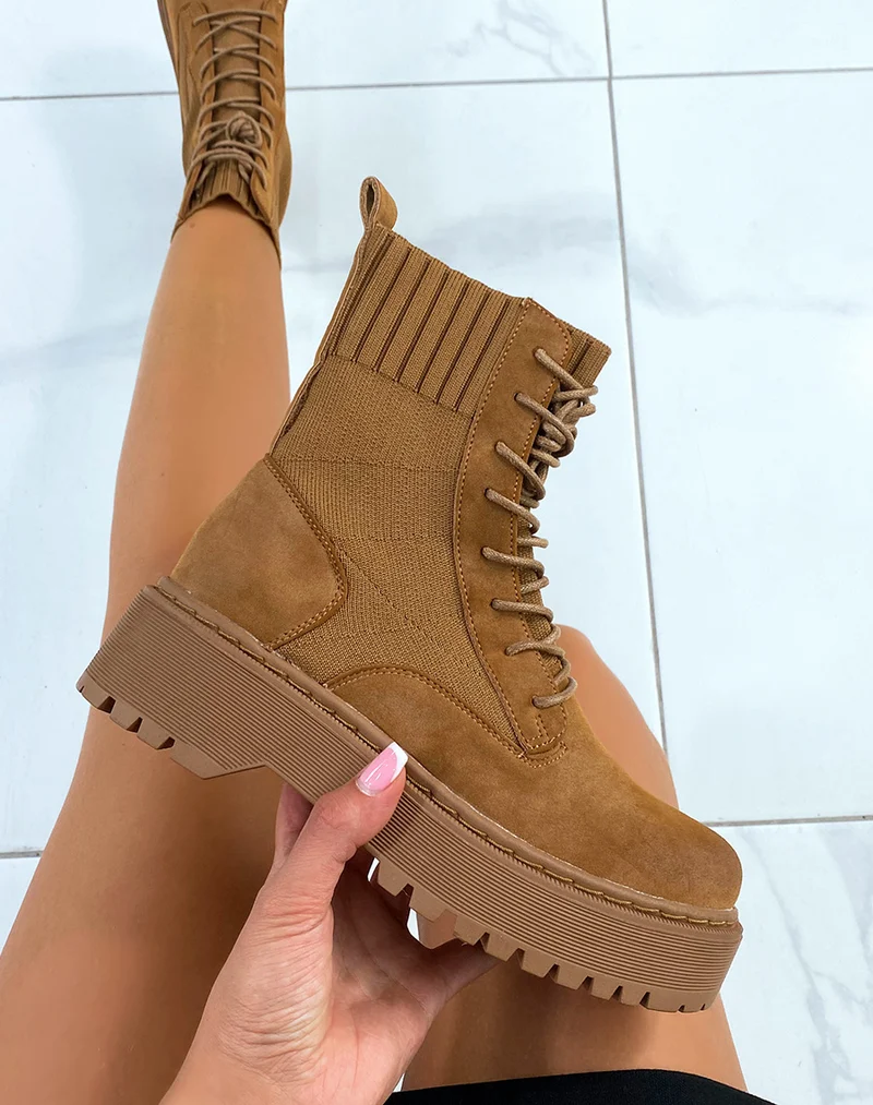 Bottines chaussette camel à semelle épaisse