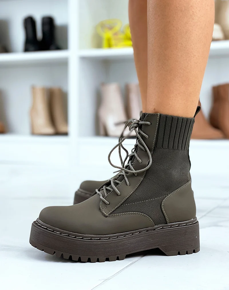 Bottines chaussettes kaki à semelle épaisse