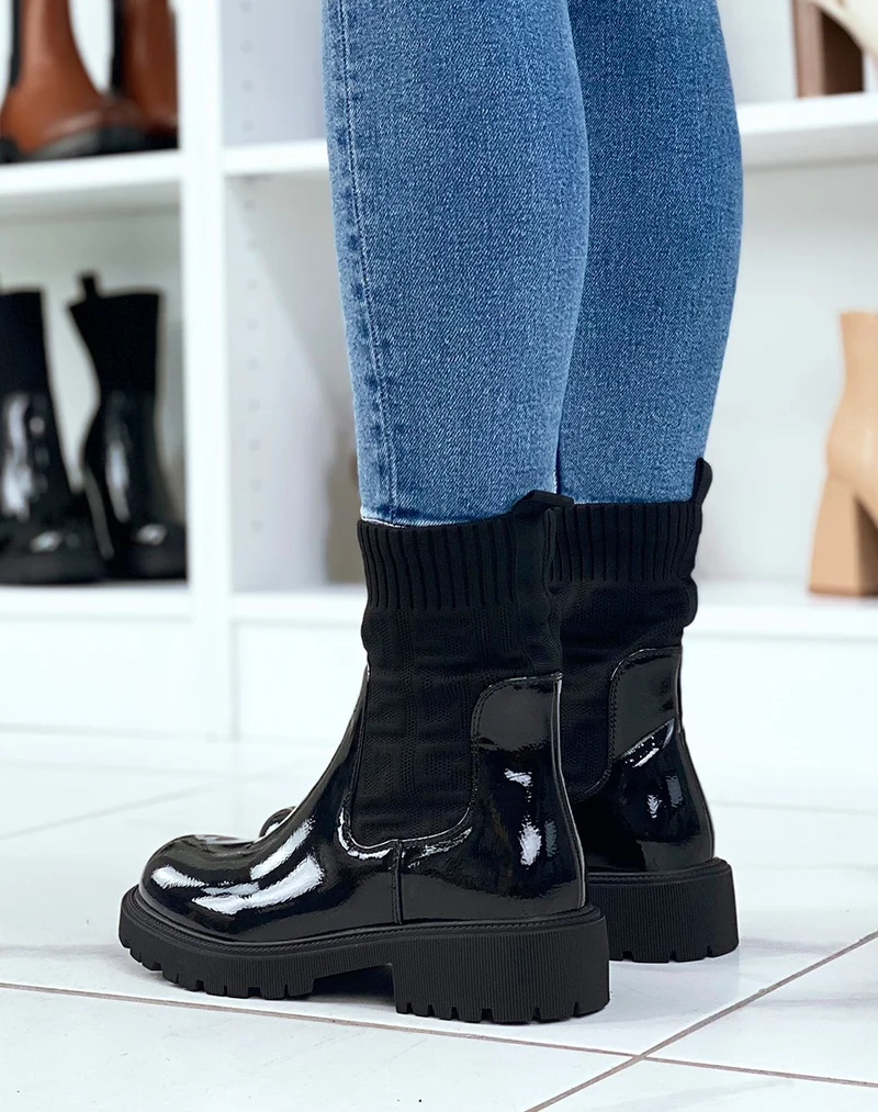 Bottines style chelsea noires vernies effet chaussette