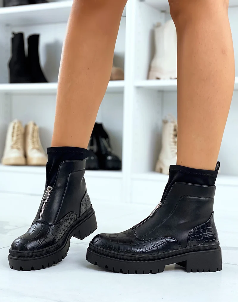 Bottines noires effet croco et effet chaussette à zip