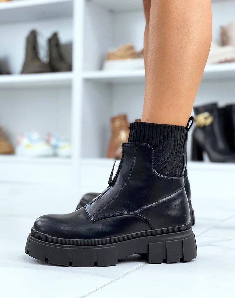 Bottines noires effet chaussette à zip avant et semelle épaisse