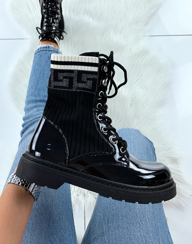 Bottines noires vernies effet chaussettes à imprimés aztèques