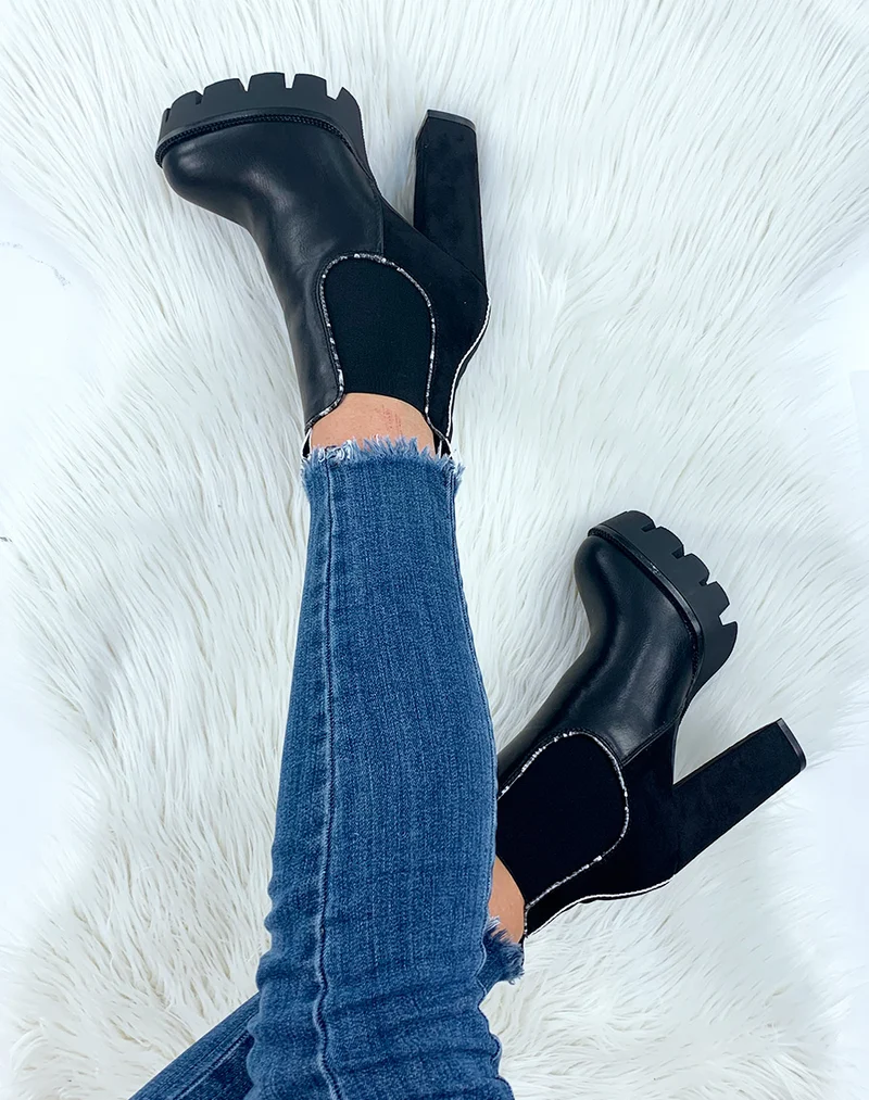 Bottines noires à talon bi-matière détails python