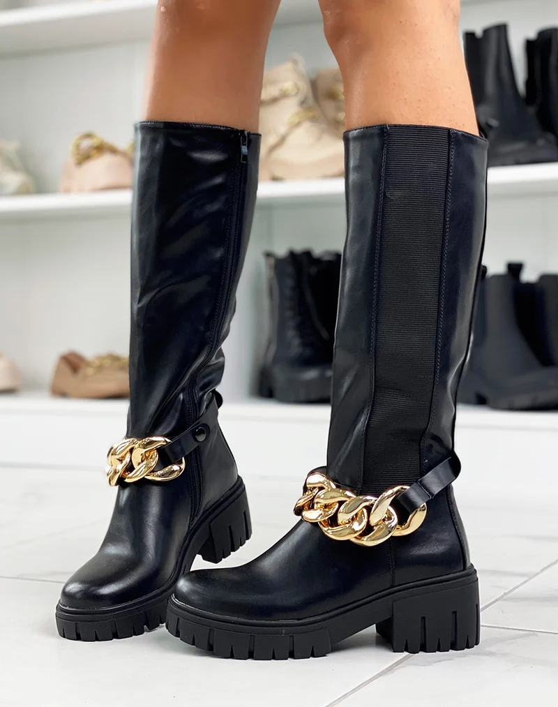 Bottes hautes noires avec élastique et chaine dorée