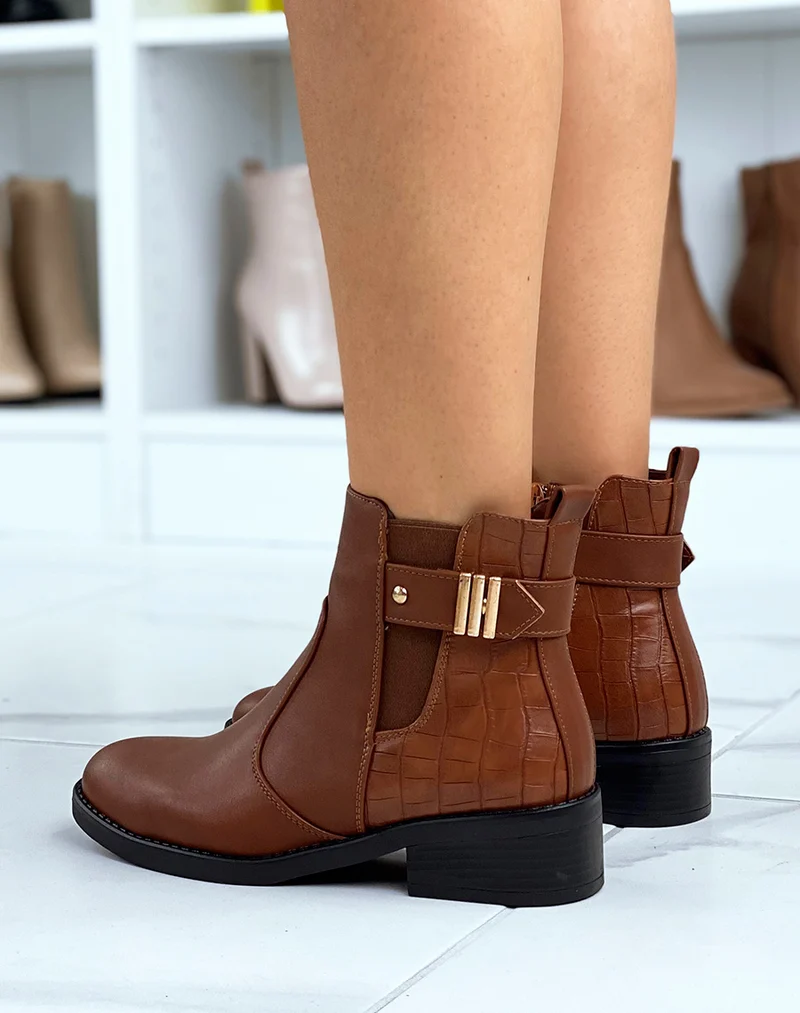 Bottines basses camel avec effet croco