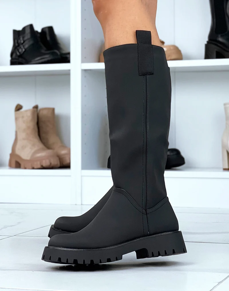 Bottes hautes noires gommées avec empiècement en tissu