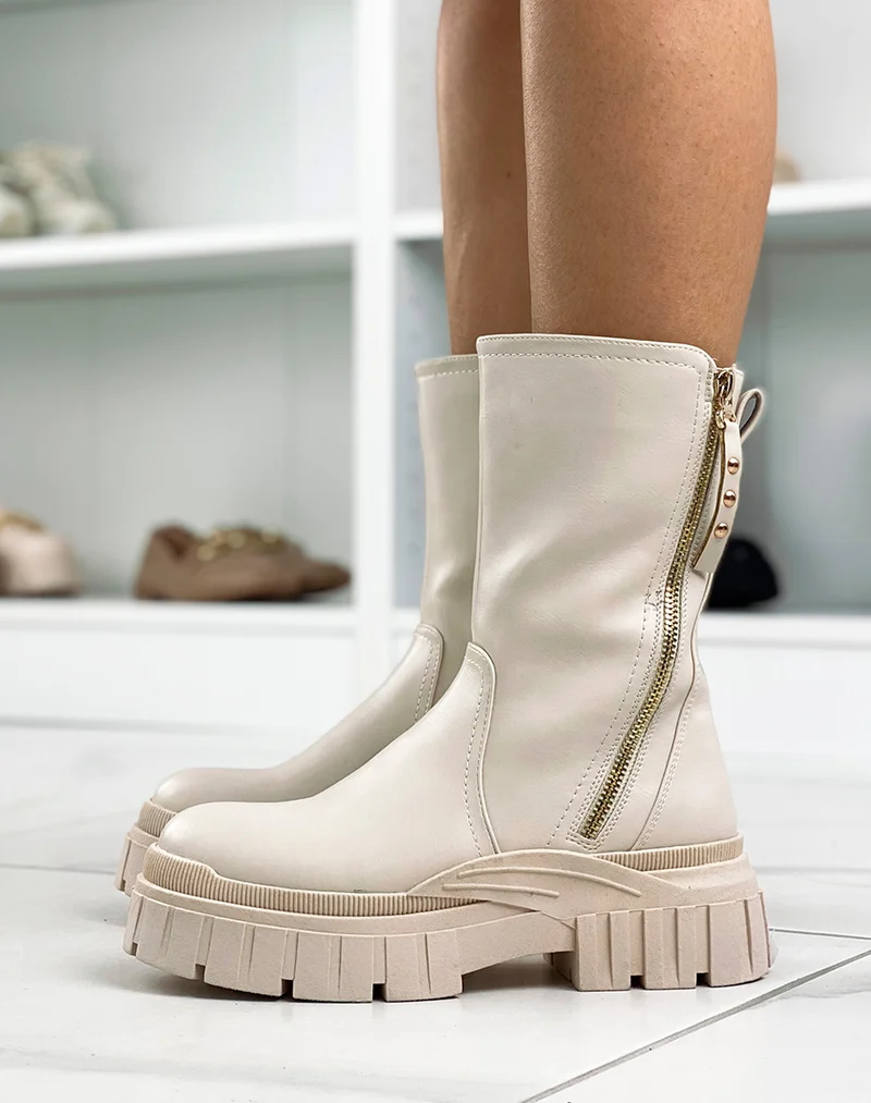 Bottines hautes beiges à zip