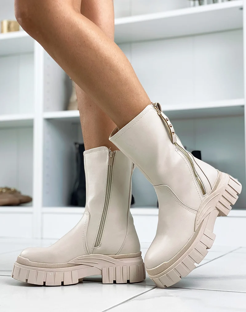 Bottines hautes beiges à zip