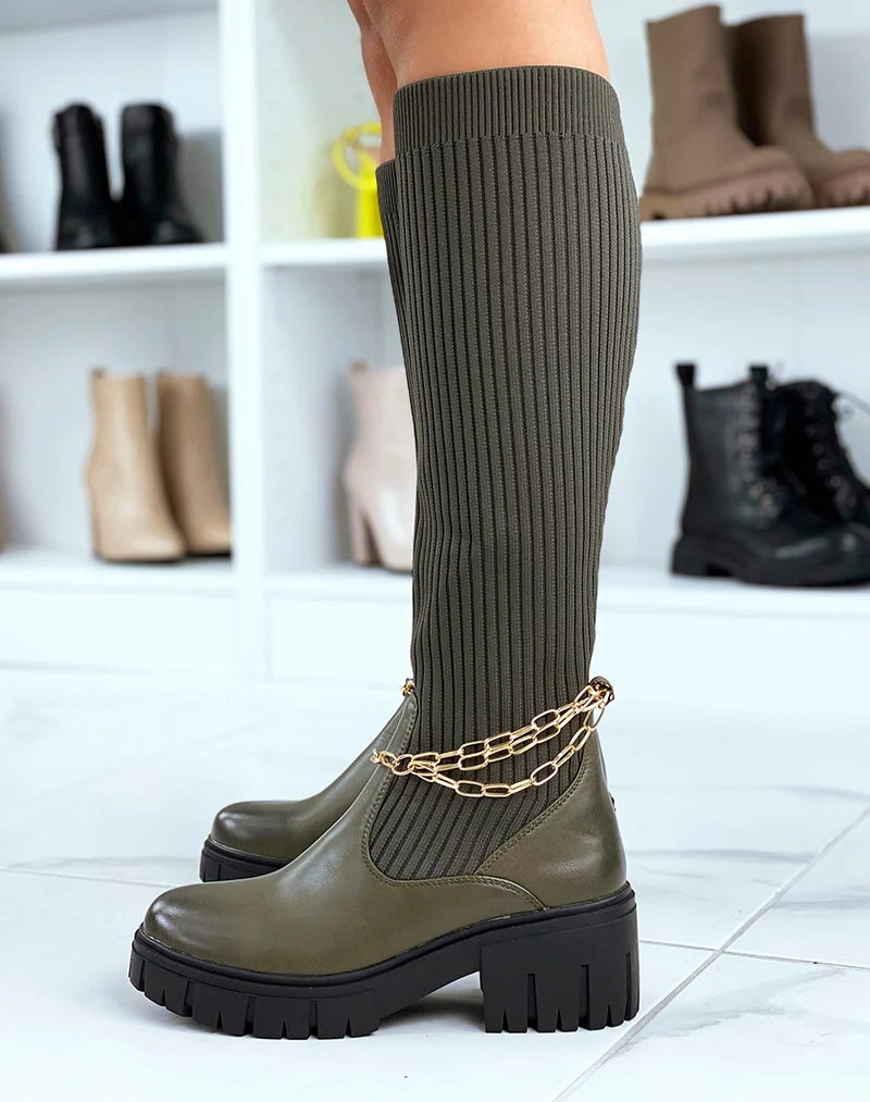 Bottes kakis montantes effet chaussette à fines chaines dorées