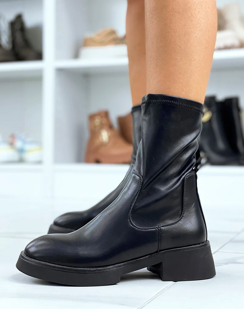 Bottines montantes noires effet chaussette en similicuir