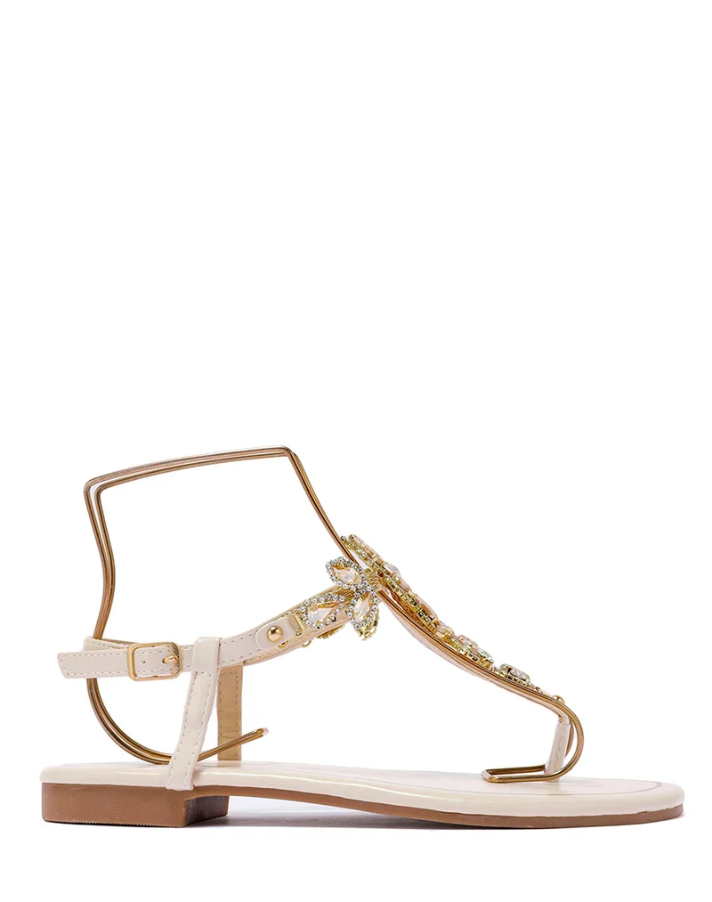 Nu-pieds beiges à multiples bijoux brillants beiges et dorés