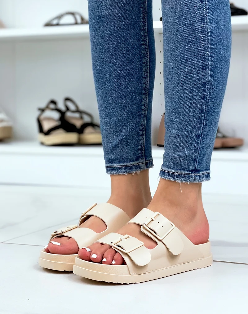 Mules beiges à double brides avant