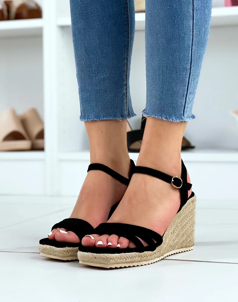 Compensées noires à triple brides et talon carré