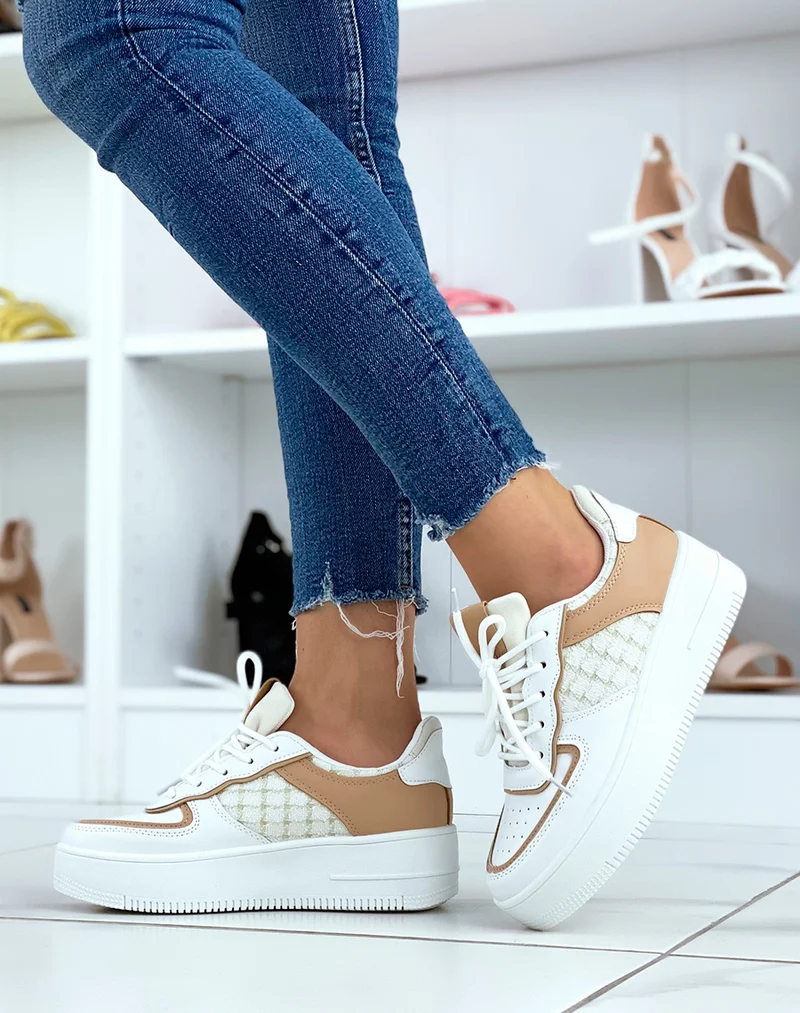 Baskets blanches et beiges effet tweed