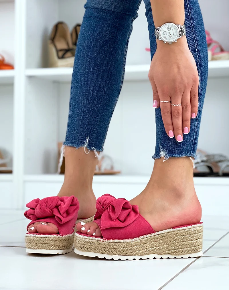 Mules compensées rose fushia à nœud