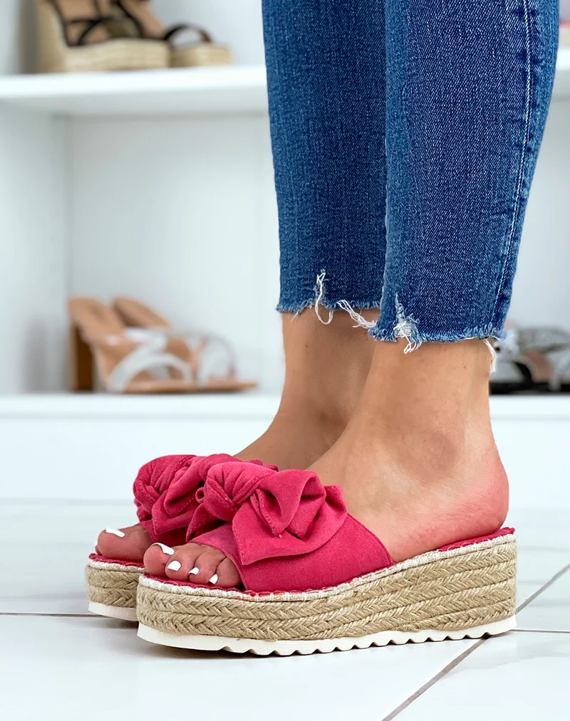 Mules compensées rose fushia à nœud