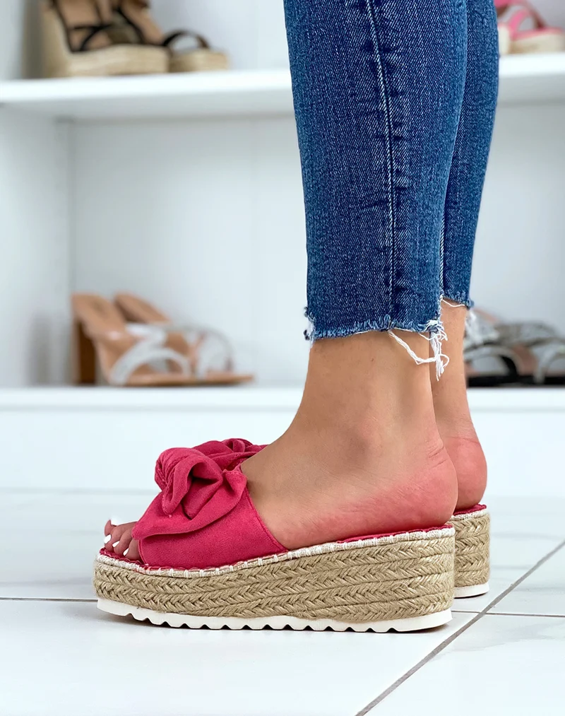 Mules compensées rose fushia à nœud