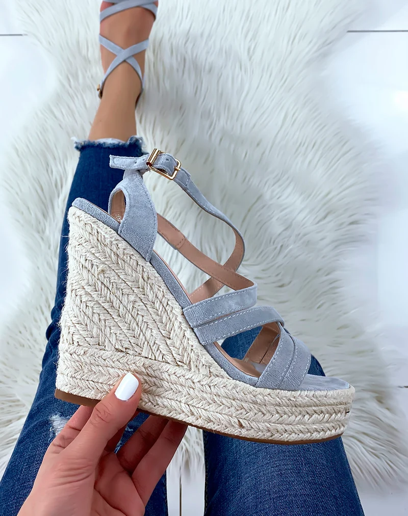Compensés bleue en suédine à brides croisées